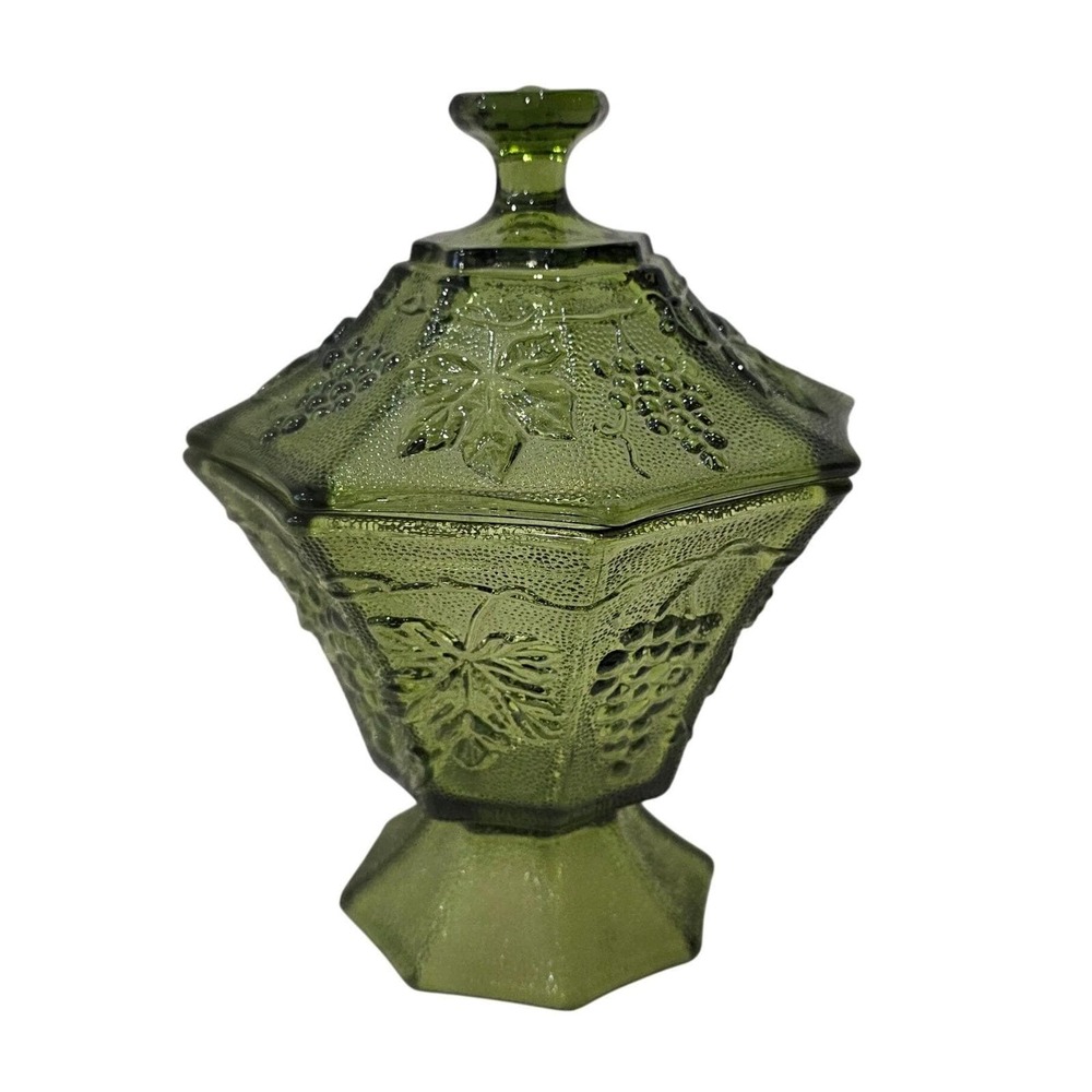 Vintage Anchor Hocking Avocado Green Candy Dish Lid 8-Sided Grapes Leaves Leaf